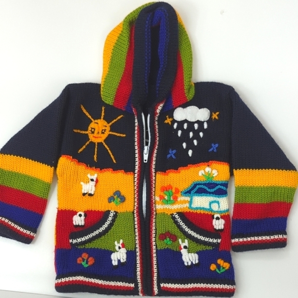 Peruvian Wool Knitted Hoodie with Animal and Nature Design
